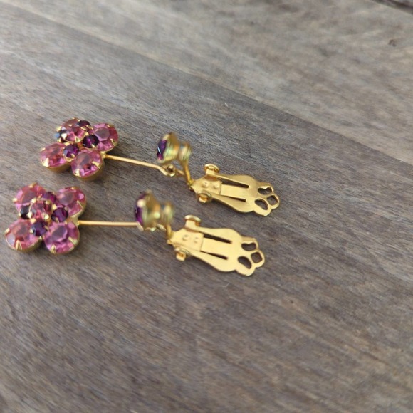 Pink Rhinestone Drop Clip-on Dangle Earrings - Picture 4 of 8